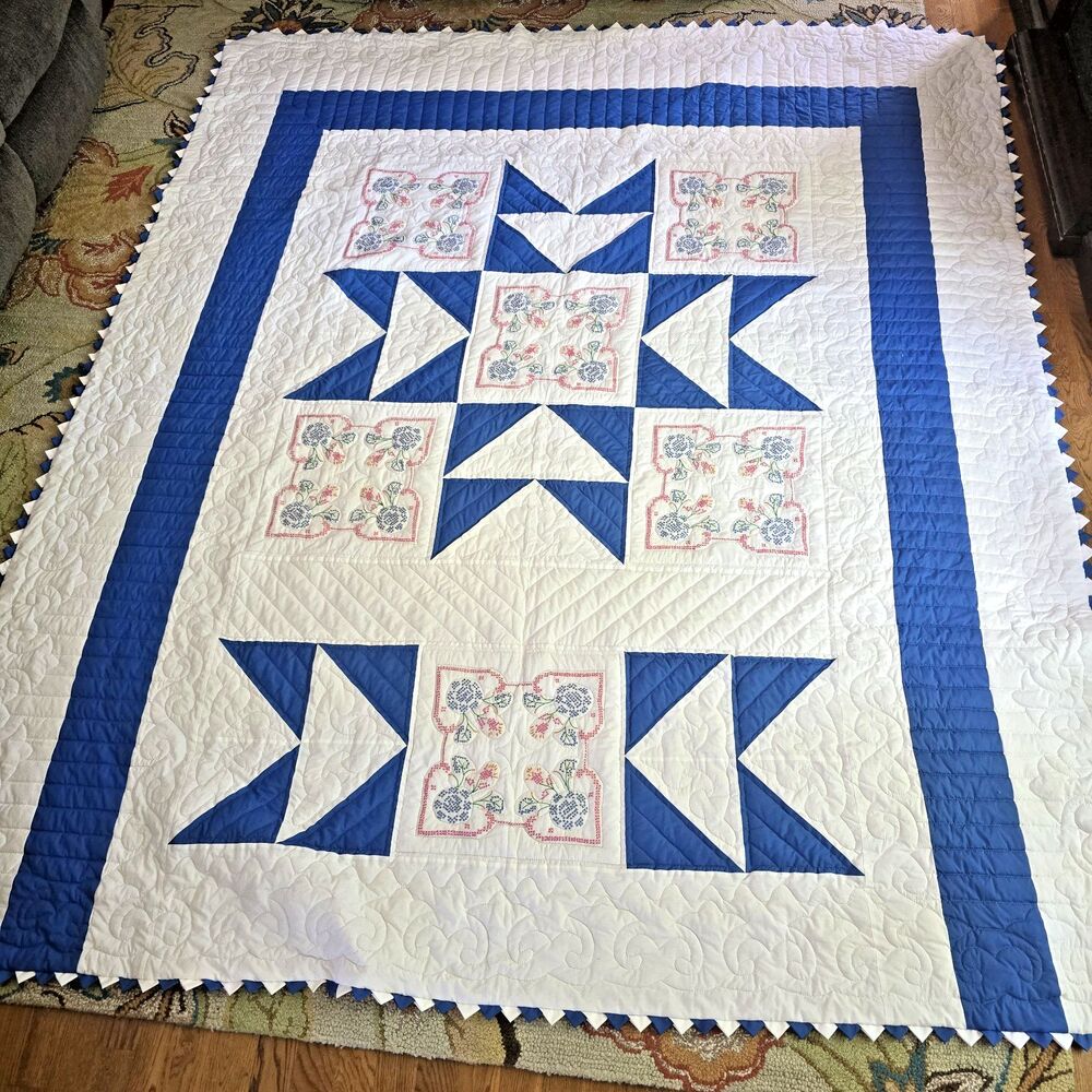 Vintage Handmade Quilt 88x103 Blue & White Cross Stitch Prairie Point Edge Queen